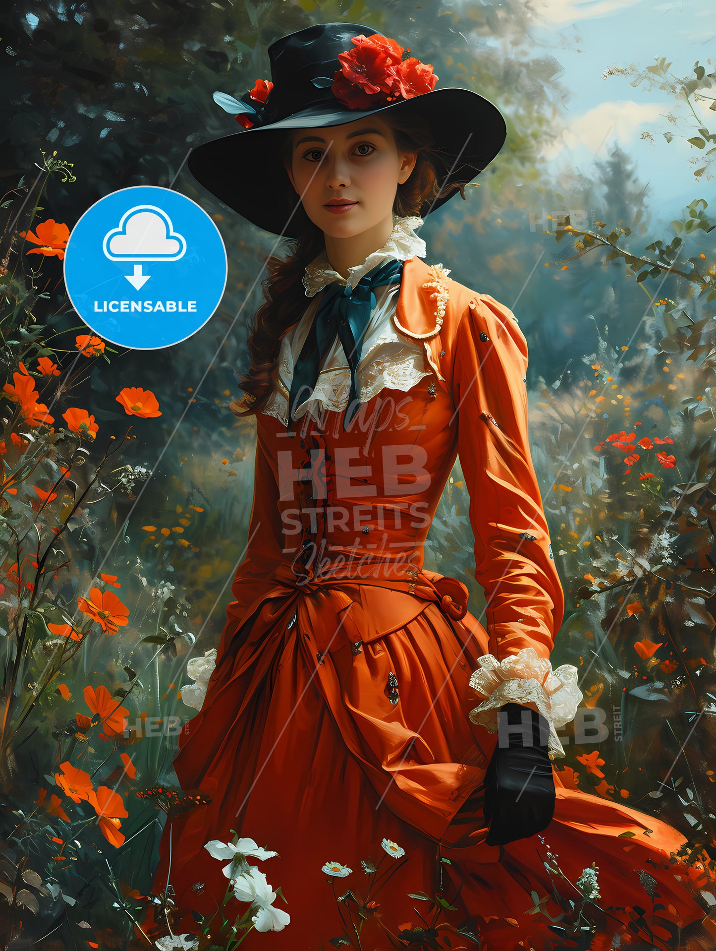 American Fashion Magazine Styled Illustration, A Woman In An Orange Dress And Hat