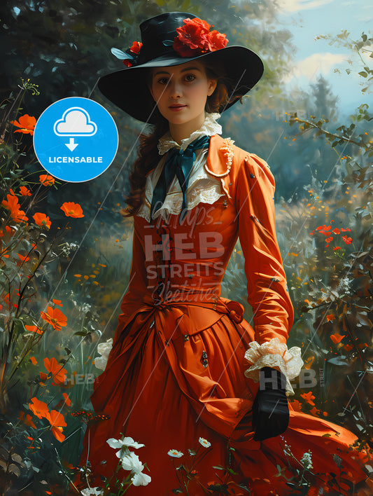 American Fashion Magazine Styled Illustration, A Woman In An Orange Dress And Hat