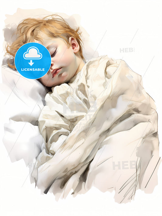 Baby Sleeping In A White Blanket, A Child Sleeping In A Blanket