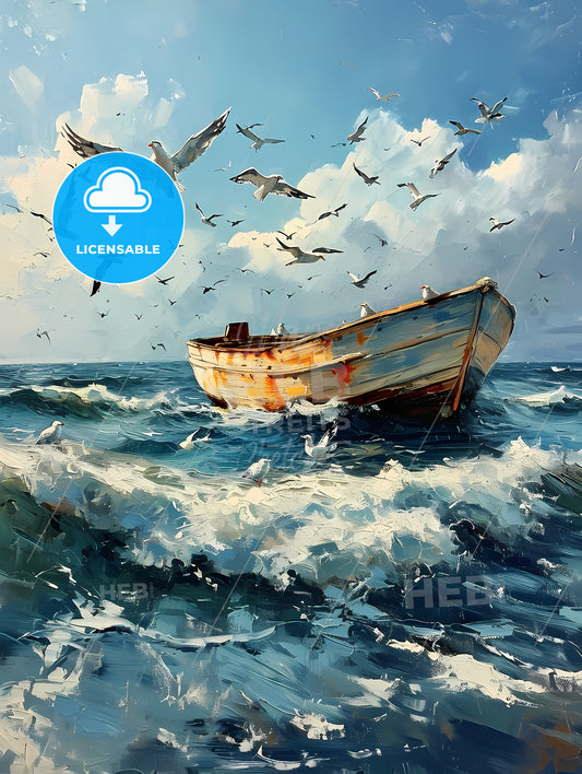 Seascapes Landscape, A Boat In The Water With Birds Flying Above