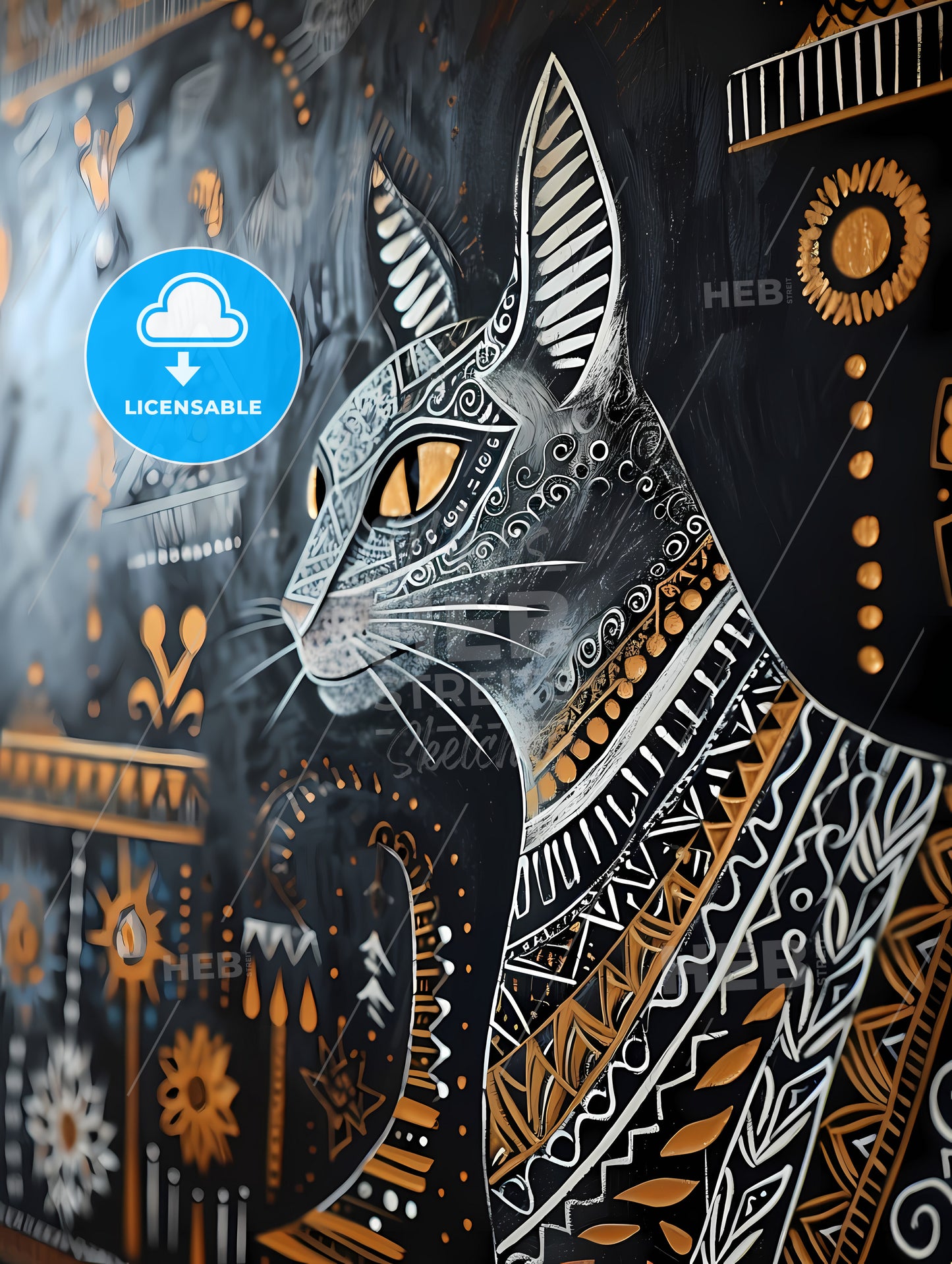 Linocut Cat Folk Art, A Cat With A Pattern On It