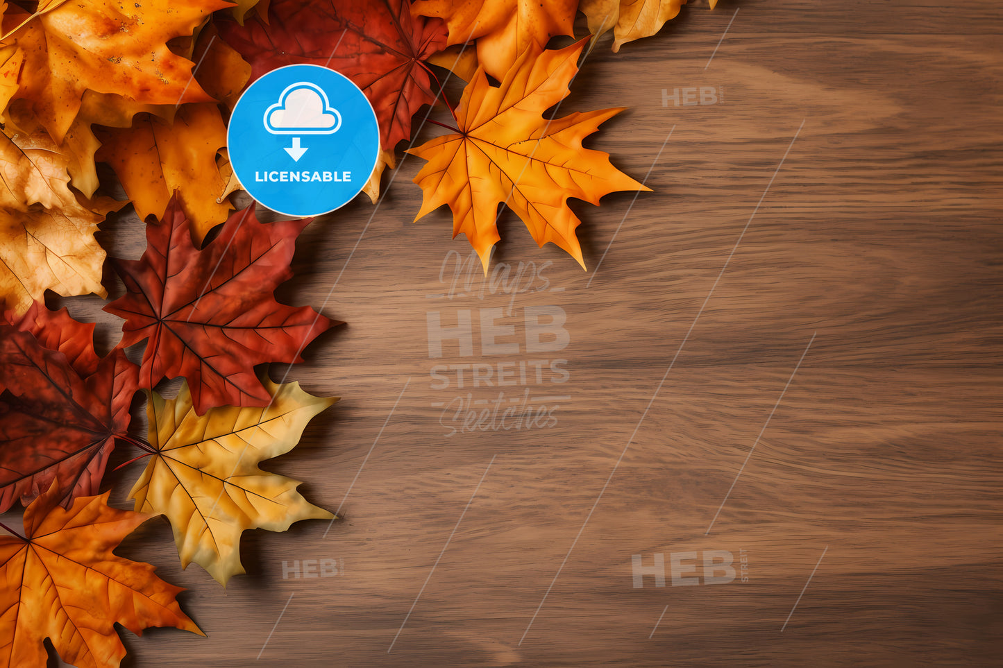 Autumn Background With Copy Space, A Group Of Colorful Leaves On A Wood Surface