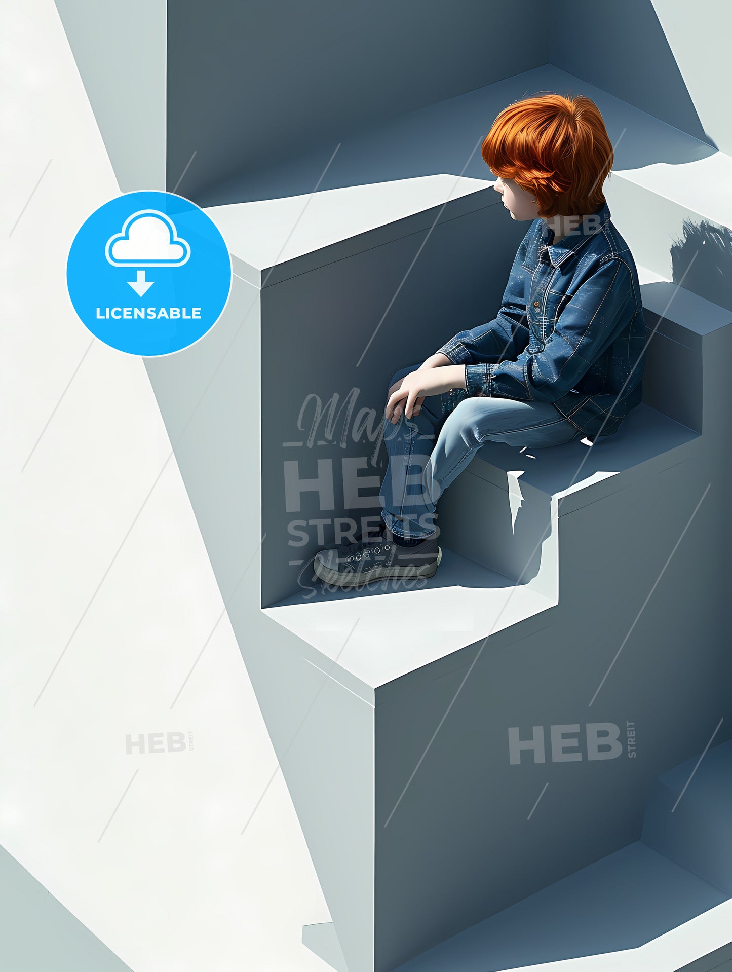 Pink And Blue Pastel Photomodel, A Boy Sitting On A Staircase