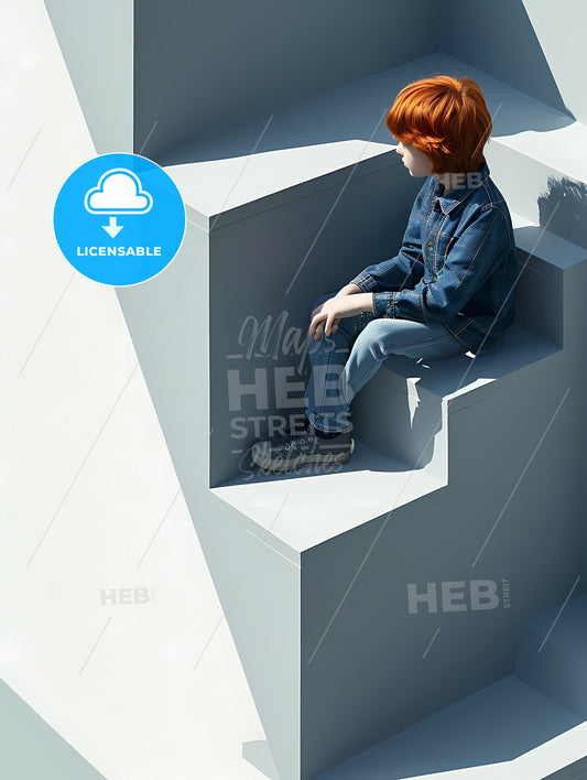 Pink And Blue Pastel Photomodel, A Boy Sitting On A Staircase