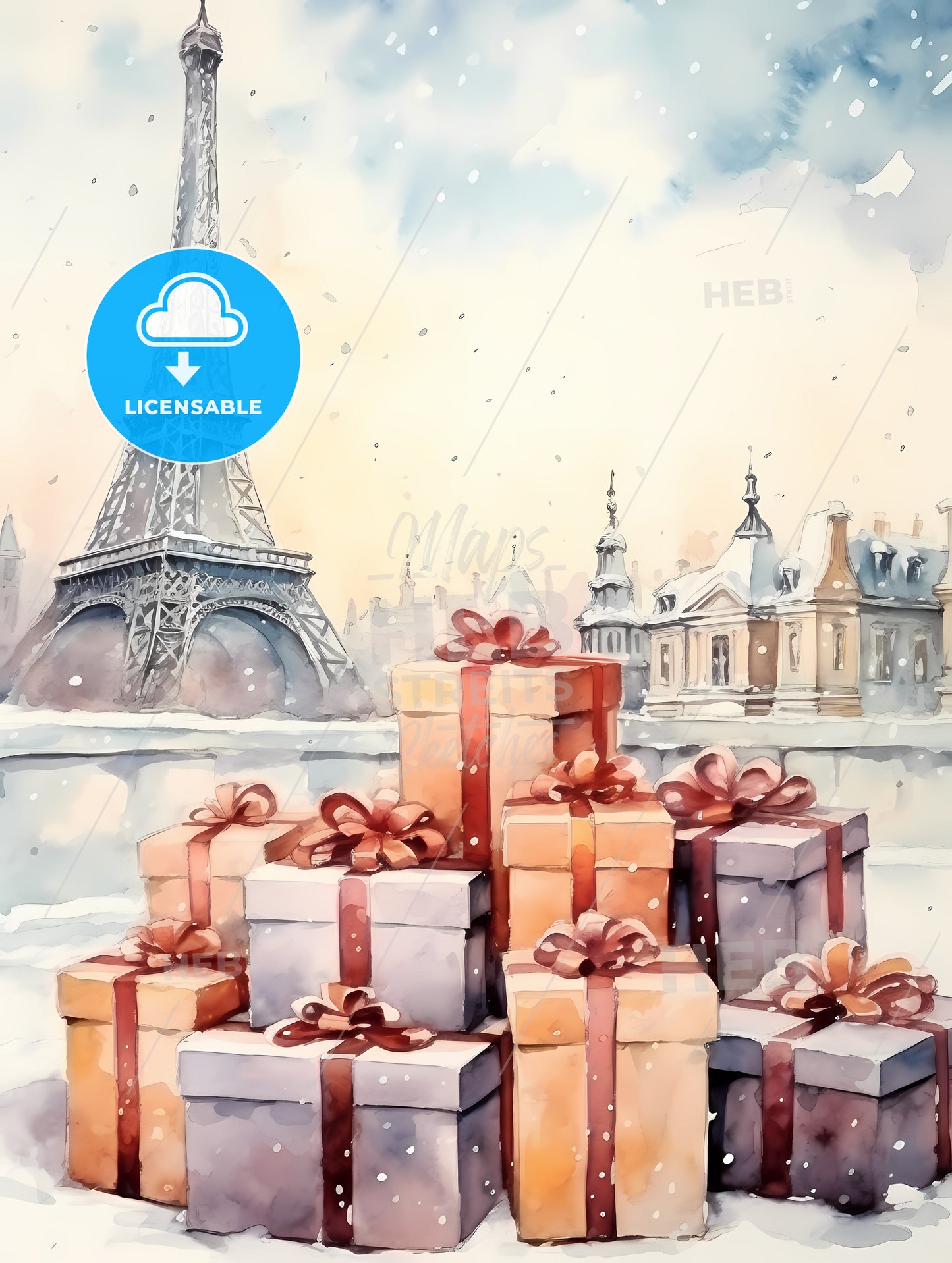 Christmas And Holiday Gifts On Snow, A Watercolor Of A Tower With A Stack Of Presents