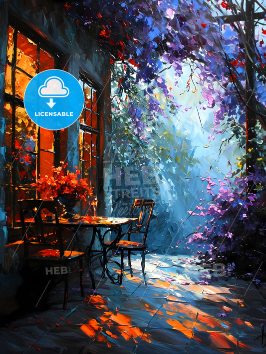 Painting Of Table And Chairs By The Window, A Table And Chairs Outside A Building