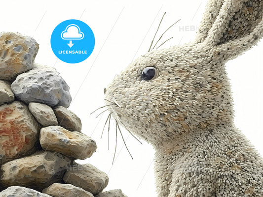 Cartoon Bunny Soft And Gentle, A Stuffed Rabbit Next To A Pile Of Rocks