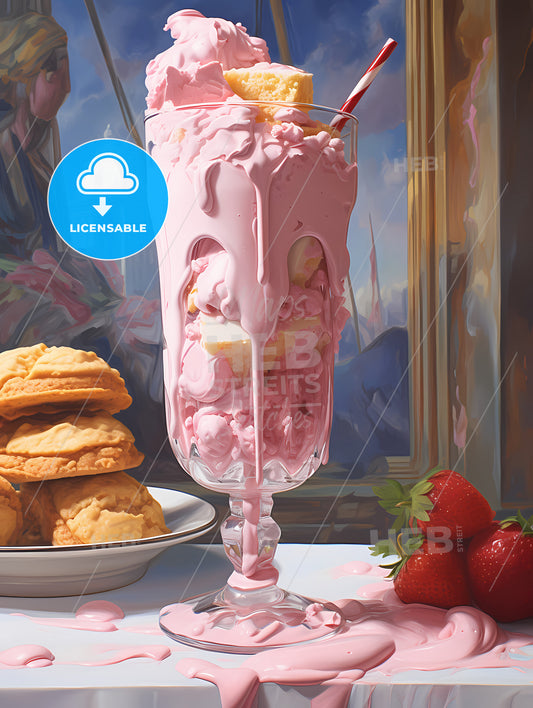 Strawberry Milkshake, A Pink Ice Cream Sundae With Strawberries And Cookies