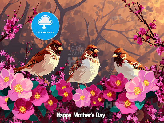 Happy Mothers Day Vector With Flowers, A Group Of Birds Sitting On Flowers