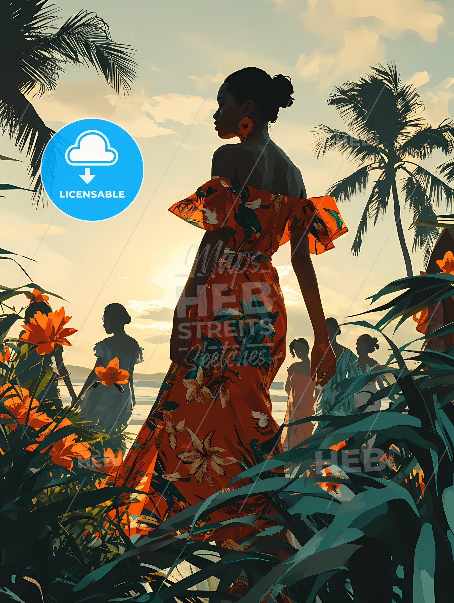 A Green Sunny Landscape With Many Dancers, A Woman In A Dress Surrounded By Palm Trees
