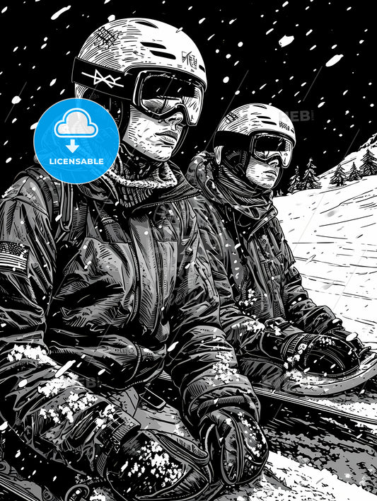 Coloring Page For Kids Snowboarding, A Couple Of People Wearing Helmets And Goggles Sitting On Snow