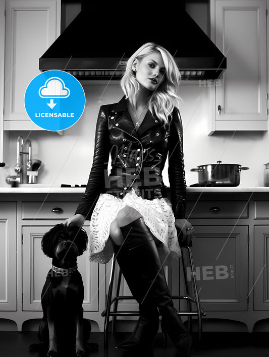 Leather Goddess In A Tres Chic Kitchen, A Woman Sitting On A Stool With A Dog