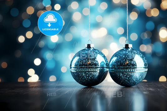 New Years Eve Background, Two Blue Ornaments From A String