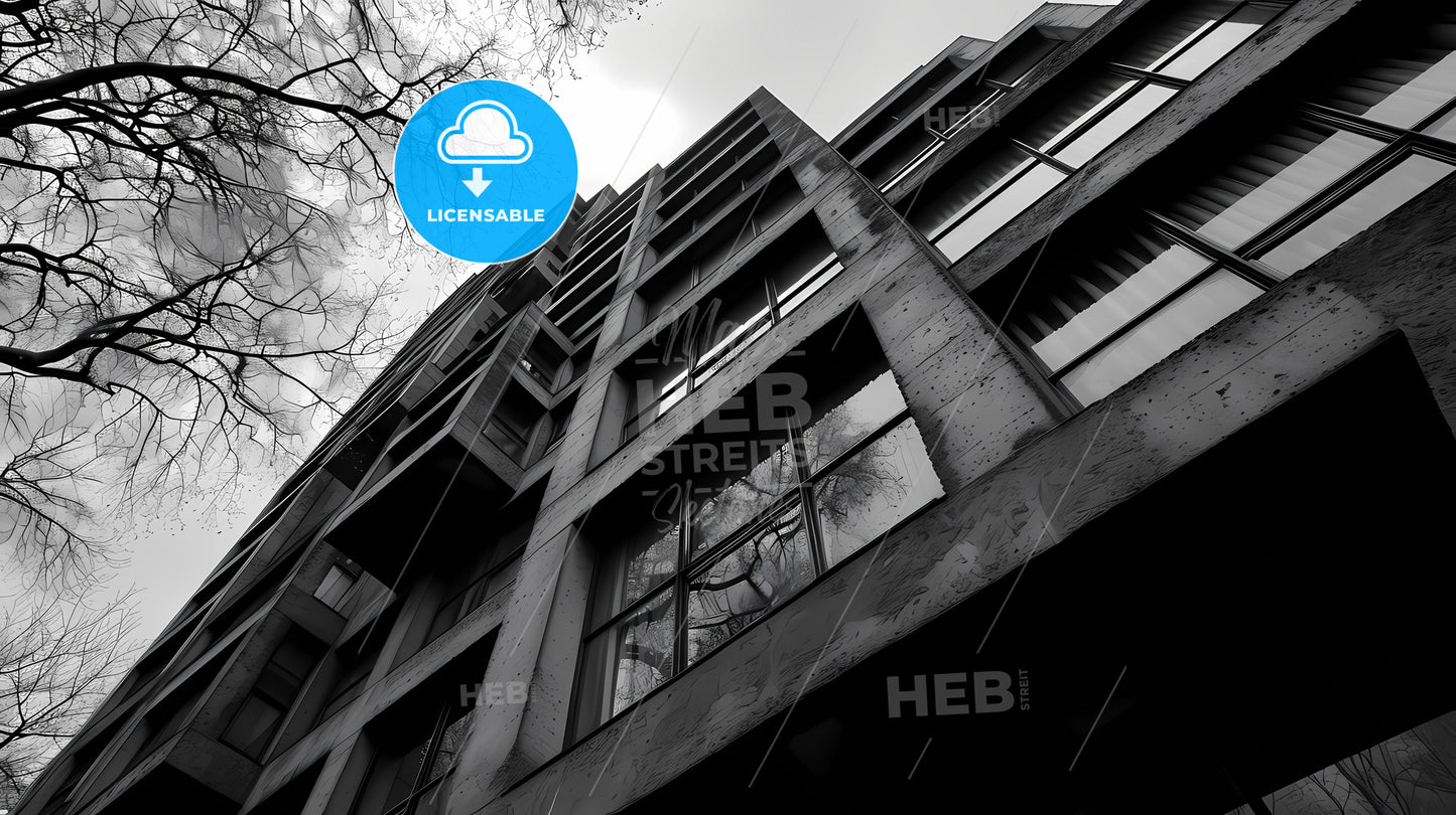 Professional Monochromatic Bauhaus Zoom, A Building With Windows And Trees