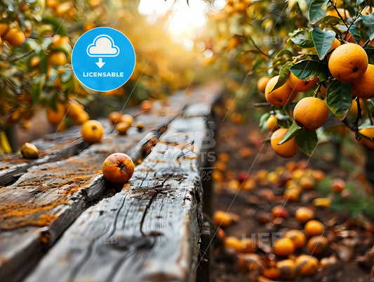 Blank Wooden Table Set, Oranges On A Bench In A Fruit Orchard