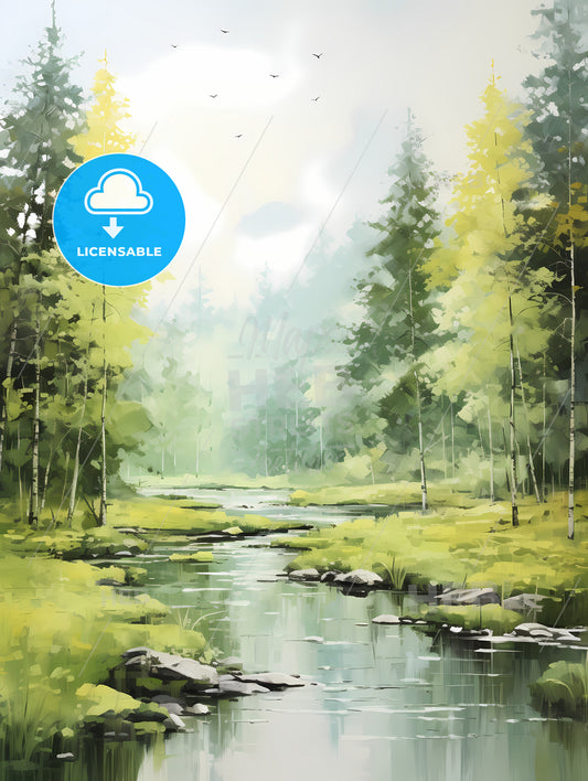 A Piece Of Acrylic Painting, A River Running Through A Forest