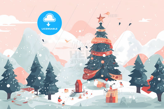 A Snowy Christmas Landscape, A Cartoon Of A Christmas Tree With A House And Snow