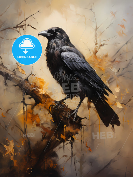 A Mysterious Oil Painting With A Black Crow, A Black Bird On A Branch