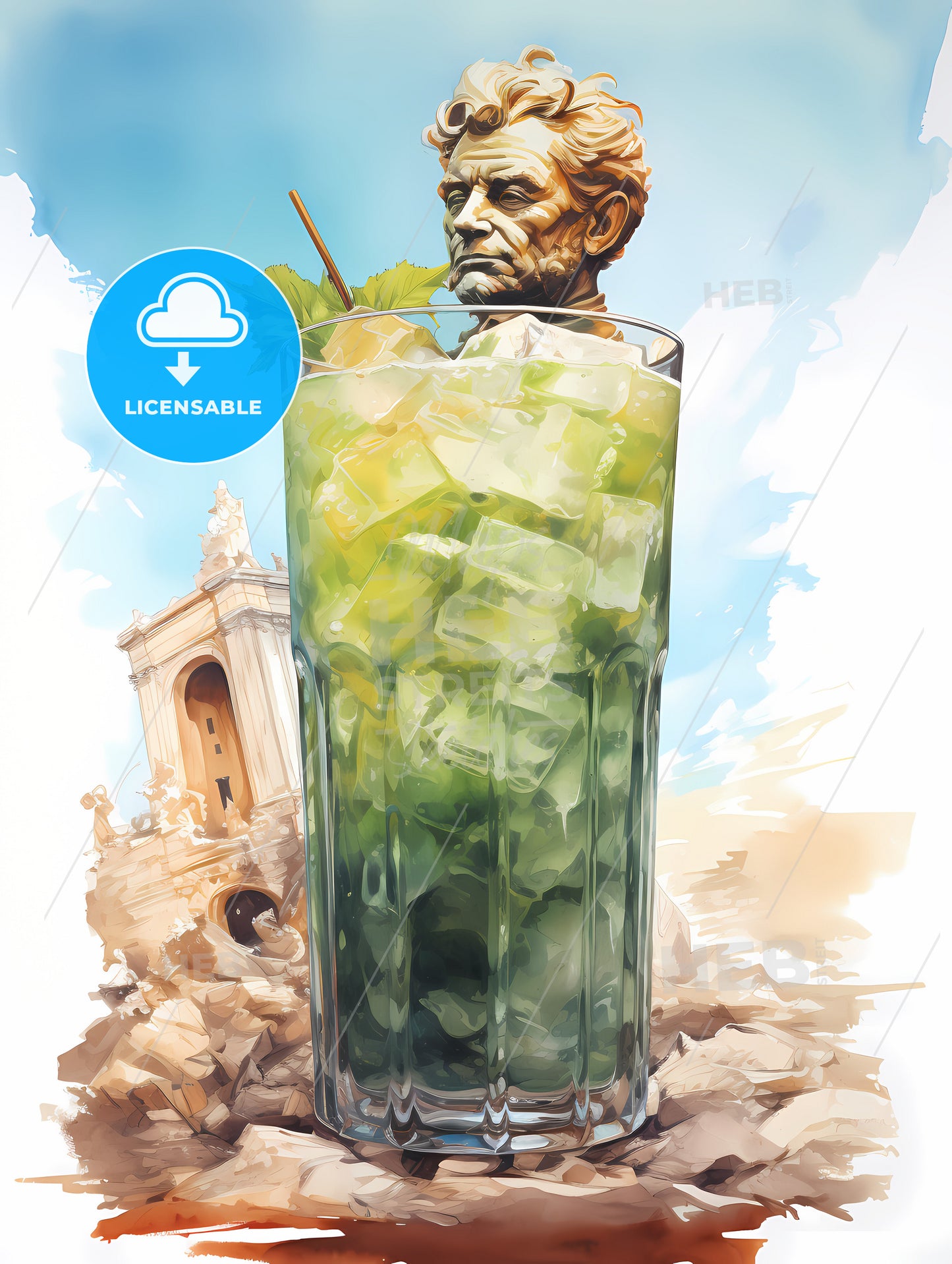 Mojito Drink, A Glass With A Statue Of A Man's Head In It