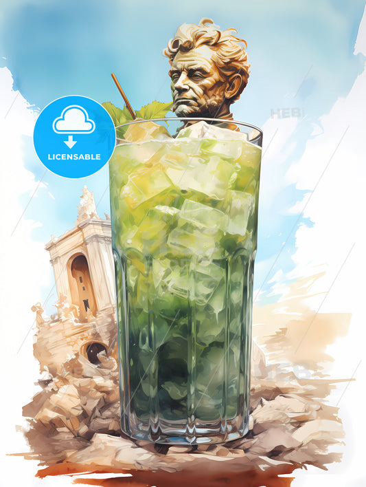 Mojito Drink, A Glass With A Statue Of A Man's Head In It