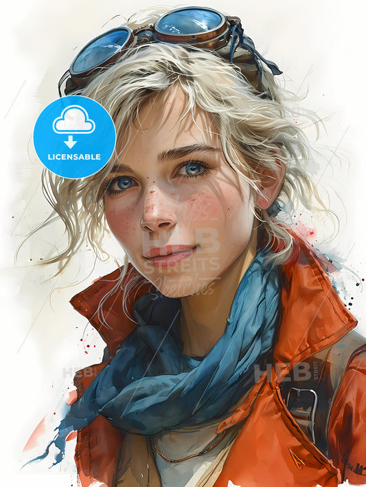 Gouache Painting Of A Blonde, A Woman With Blue Eyes Wearing Goggles And A Red Jacket