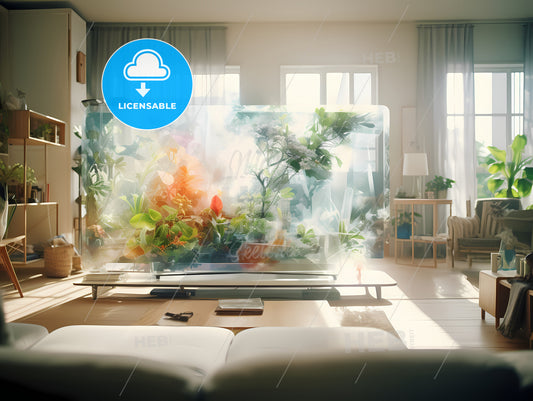 In A Spacious And Bright Living Room, A Room With A Glass Aquarium