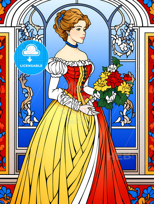Elegant Victorian Woman, A Cartoon Of A Woman Holding Flowers