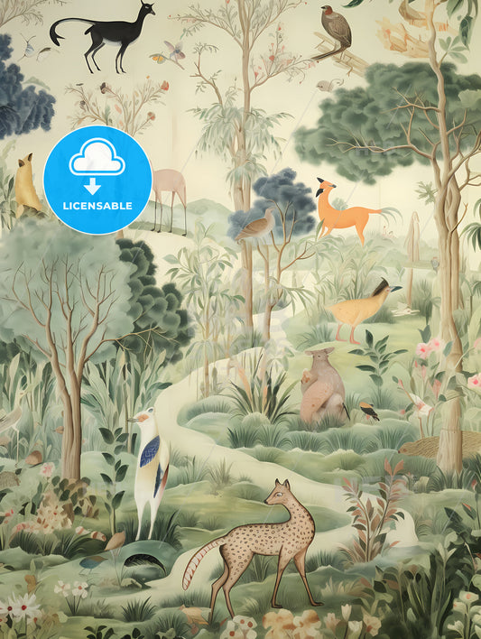 The Tapestry Is Green With Many Animals, A Wallpaper With Animals And Trees