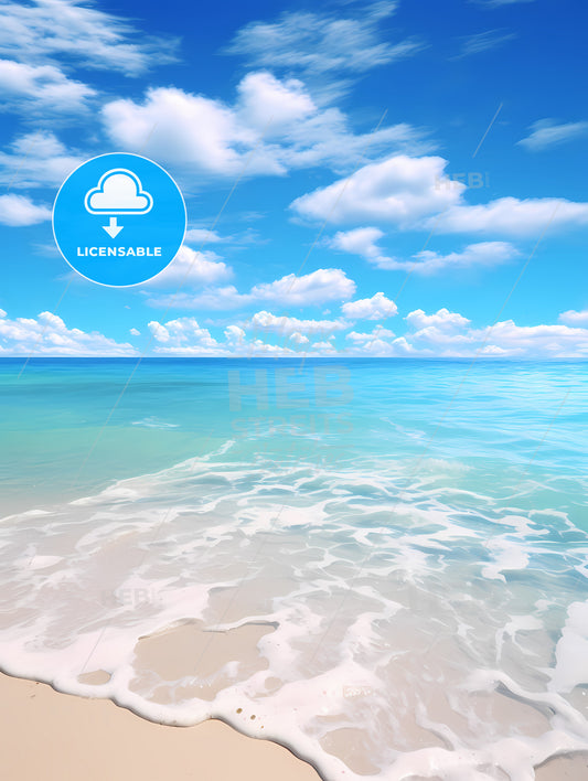 On The Beach In The South, A Beach With Blue Water And Clouds