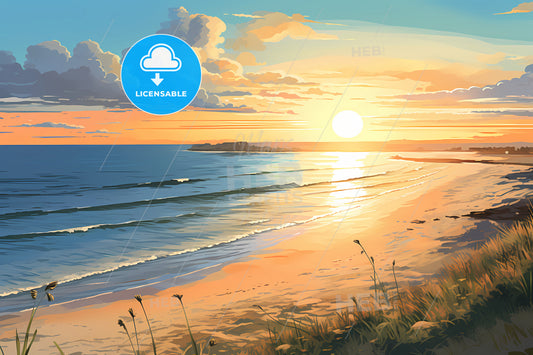 A Beach At Sunset With Grassy Sand And A Sunset Sun, A Sunset Over A Beach