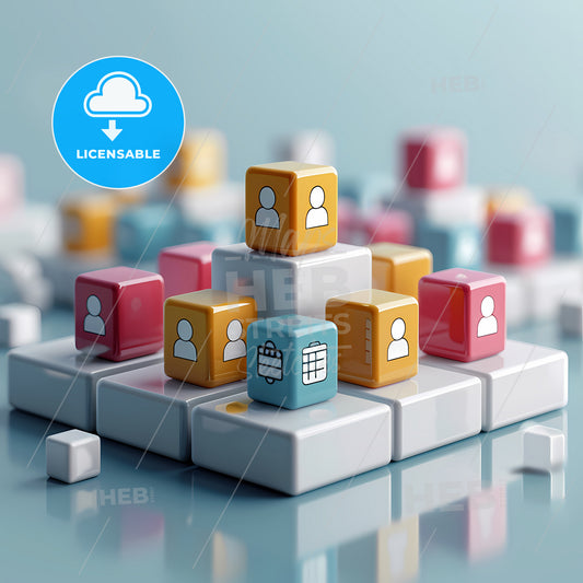 Set Of Icons Arranged In A Group 3D Scene, A Group Of Colorful Cubes Stacked On Top Of Each Other