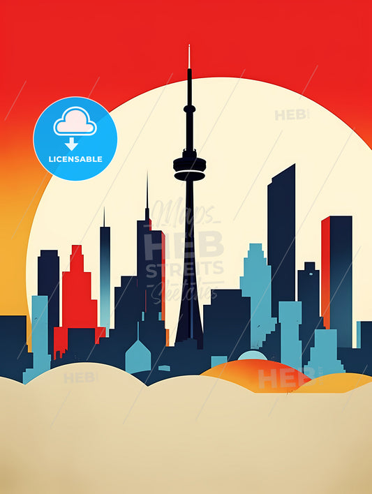 Minimalist Toronto Skyline, A City Skyline With A Large Sun Behind It