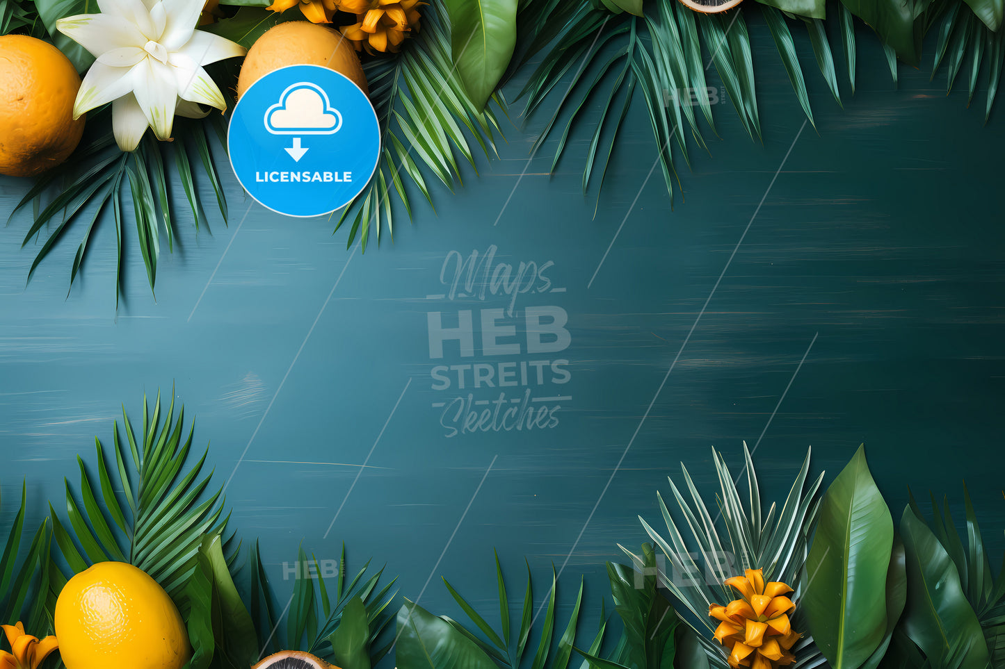 Summer Background With Copy Space, A Frame Of Tropical Leaves And Fruits