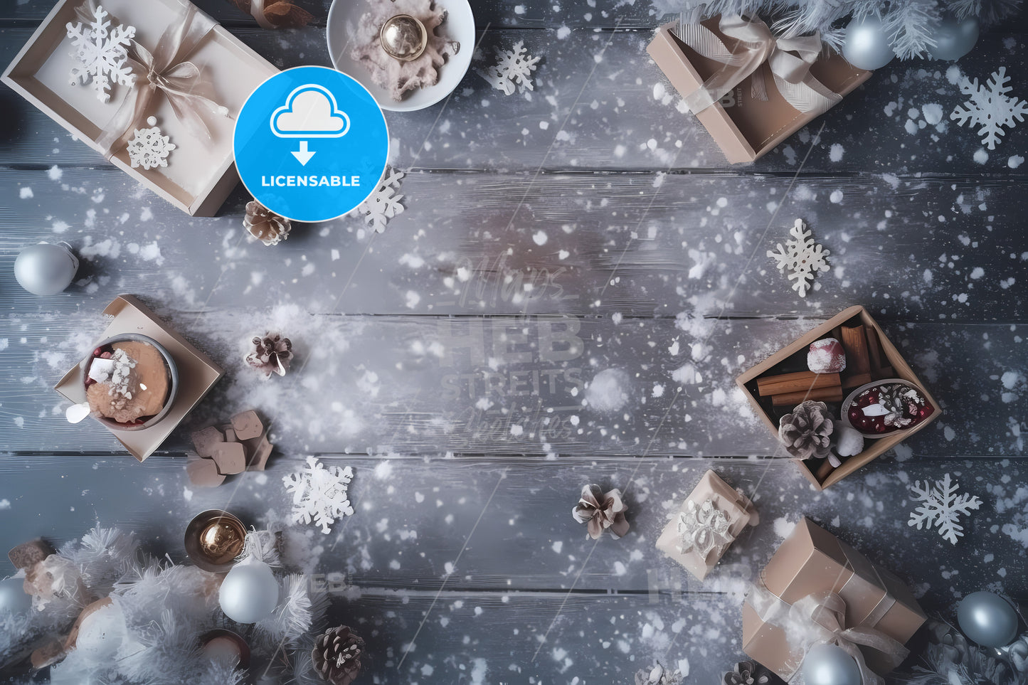 Top View Of Snowed Table, A Group Of Presents And Snow On A Wooden Surface