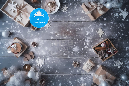 Top View Of Snowed Table, A Group Of Presents And Snow On A Wooden Surface