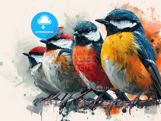 A Cute Illustration Of Birds With Different Colors, A Group Of Colorful Birds On A Branch