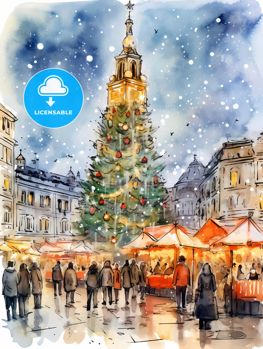 People Walking A Beautiful Italian Christmas Market, A Painting Of A Christmas Tree In A City