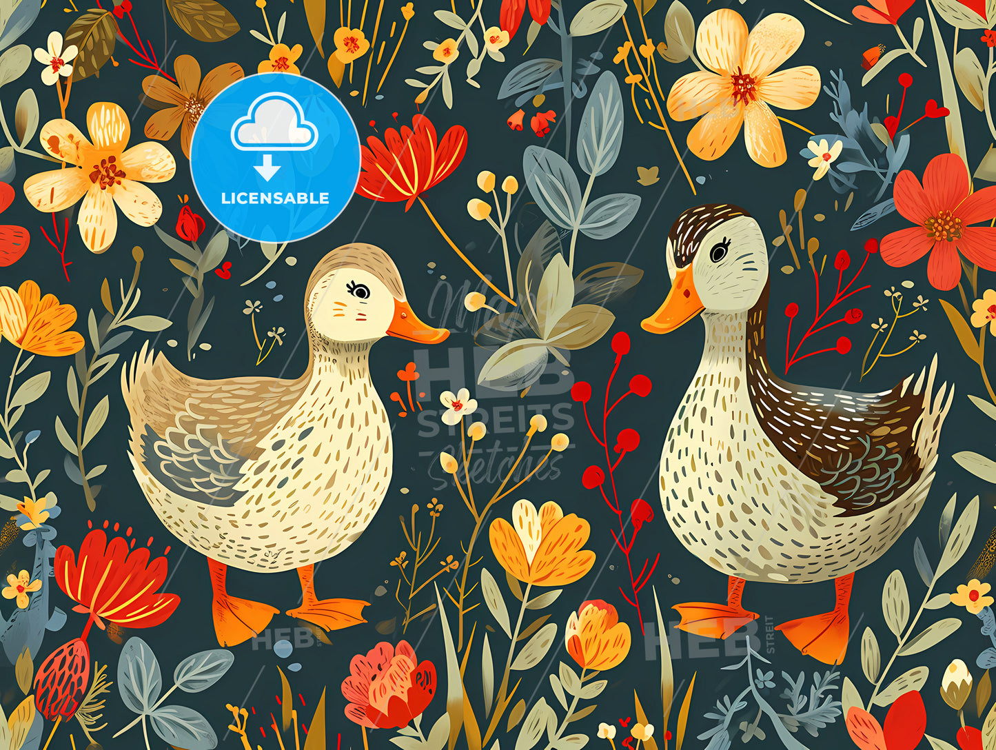 Duck Print, A Pattern Of Ducks And Flowers