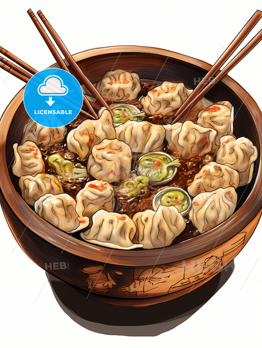 Hot Tasty Chinese Dumplings, A Bowl Of Food With Chopsticks