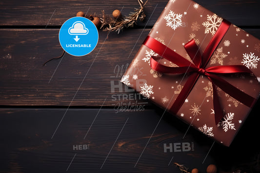 Top View Of Woman Hands Holding A Red Christmas Gift, A Gift Wrapped In Brown Paper With A Red Ribbon And A Bow