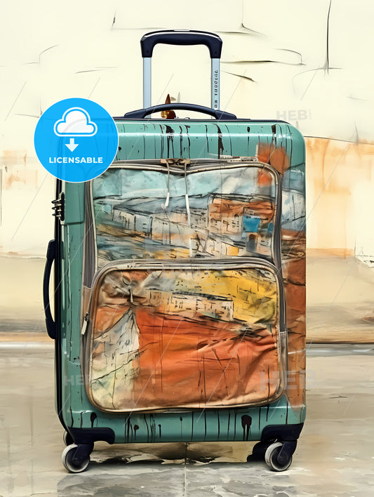 Travel Suitcase At The Airport, A Suitcase With A Painting On It