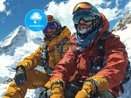 On The Ski Resort, Two Men Wearing Ski Gear And Goggles Sitting On A Snowy Mountain