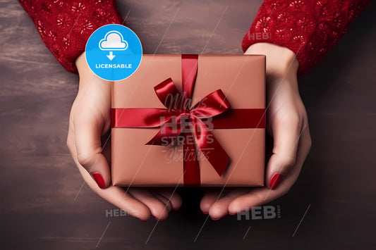 Top View Of Woman Hands Holding A Red Christmas Gift, A Person Holding A Gift Box