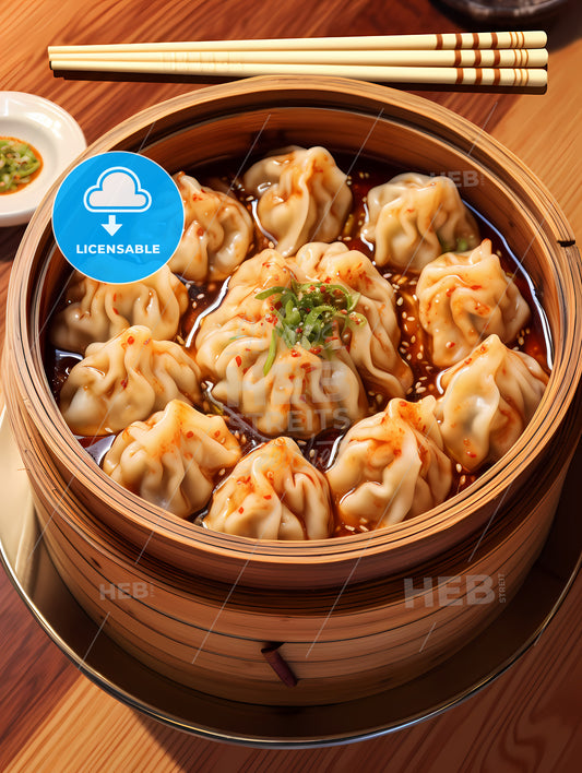 Hot Tasty Chinese Dumplings, A Bowl Of Dumplings In A Wooden Basket