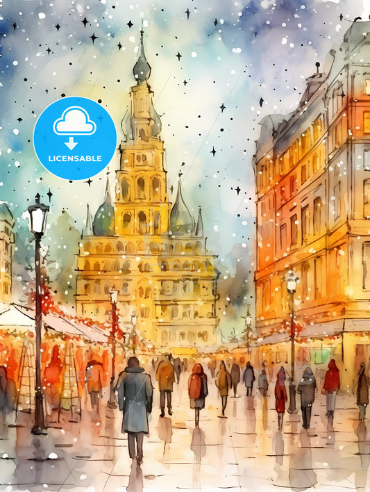People Walking A Beautiful Italian Christmas Market, A Watercolor Painting Of A Street With Buildings And People Walking