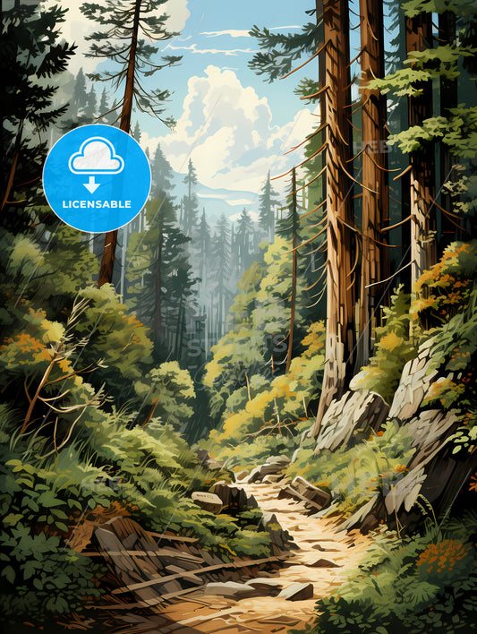 Redwood National Park, A Painting Of A Forest With Trees And Rocks