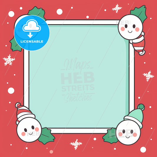 Christmas Kawaii Style Border, A Frame With Cartoon Faces And Snowflakes