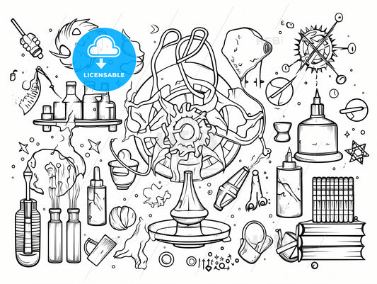 Science Day, A Black And White Drawing Of Various Objects