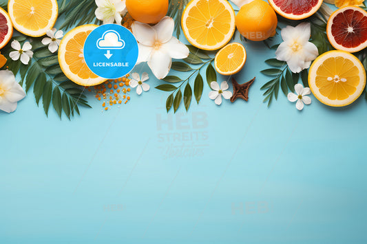 Summer Background With Copy Space, A Group Of Oranges And Flowers