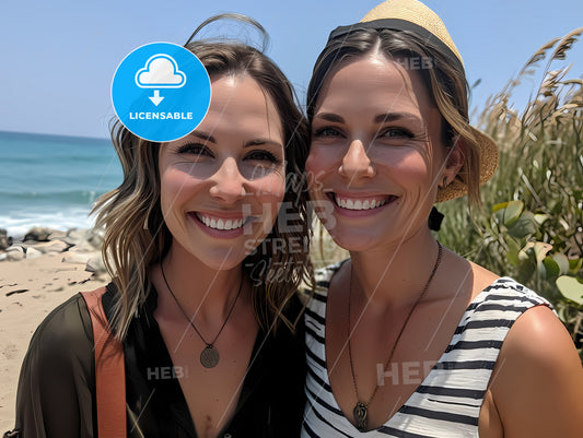 Two Happy Beautiful Moms, Two Women Taking A Selfie On A Beach